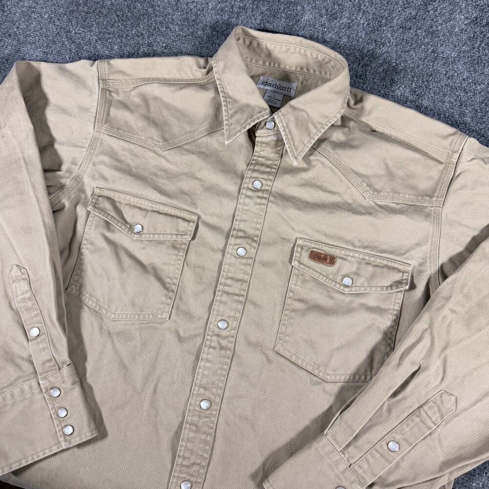 2007 Carhartt Men's L Western Pearl Snap Canvas LS Heavy Duty Work Shirt Khaki